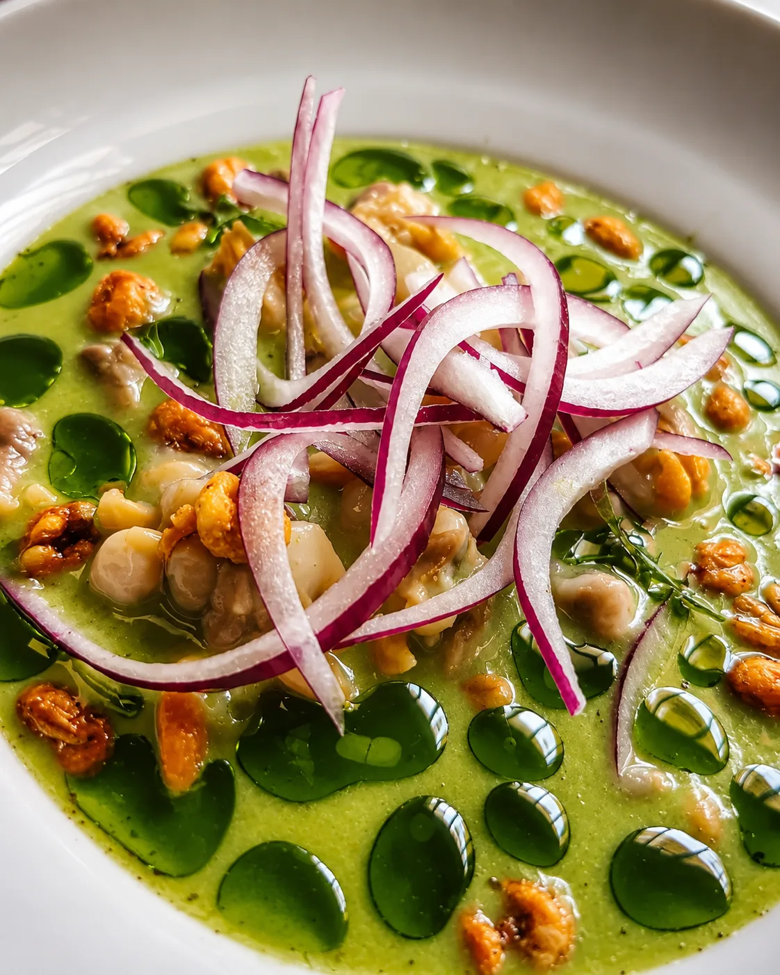 Ceviche d'escopinyes i alvocat: crema verda amb ceba morada i gotes d'oli d'herbes