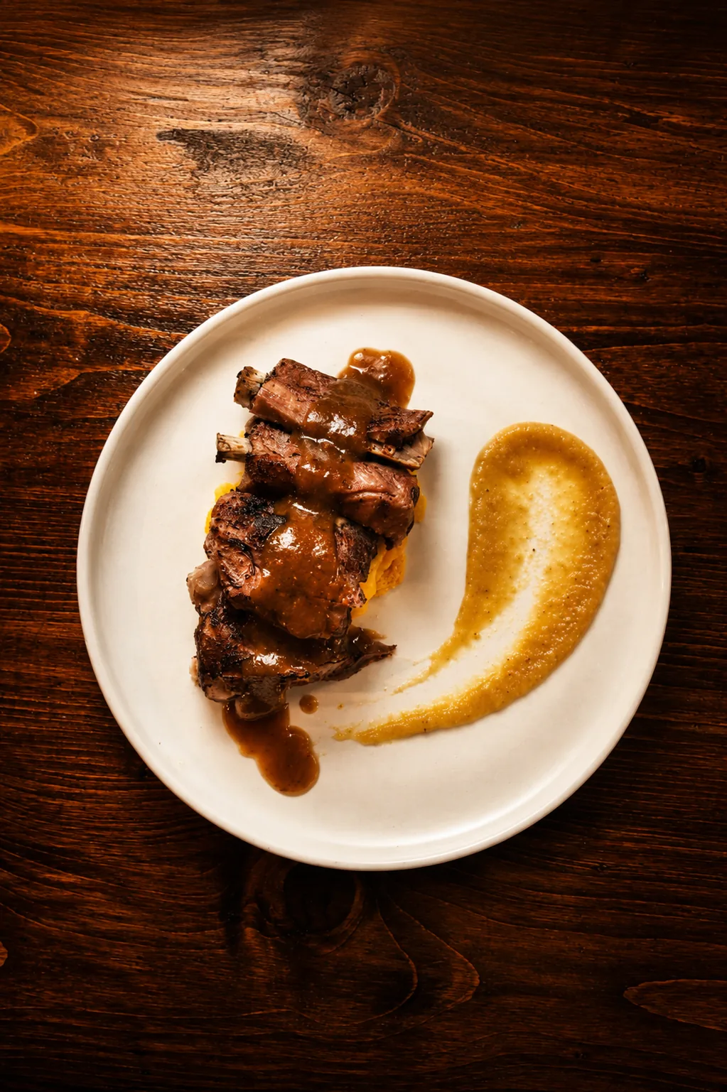 Costelles de porc a baixa temperatura amb causa limenya i una coma de compota, vistes des de dalt
