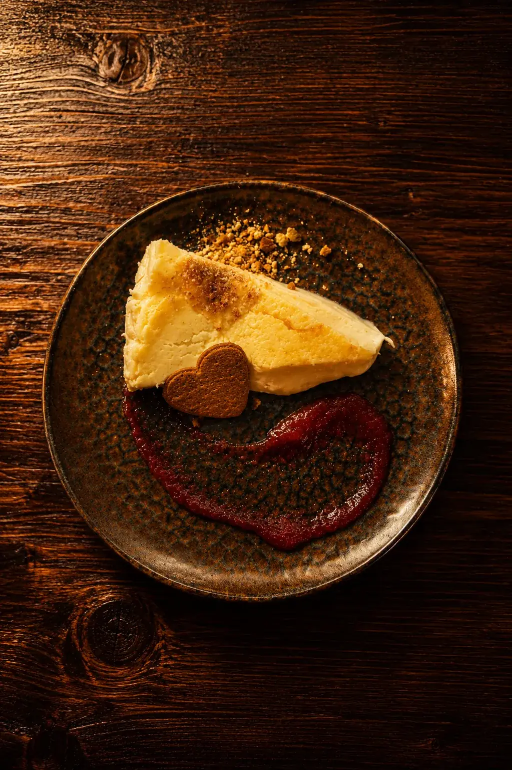 Pastís de formatge de la casa amb confitura de pebrot vermell i maduixa, sobre plat de ceràmica motejada